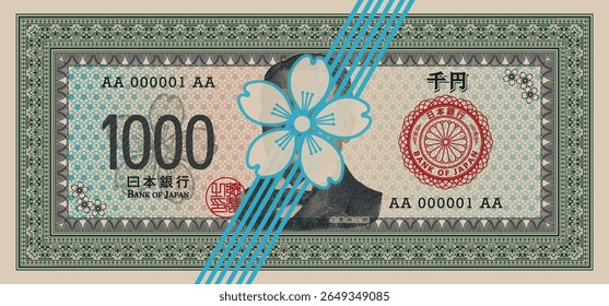 Anverso vetorial da nota de jogo fictícia de 1000 ienes. Retrato de pixel do médico. Dinheiro de papel japonês. Selo vermelho e molduras estampadas. Banca, Japão. Mil. Parte 6