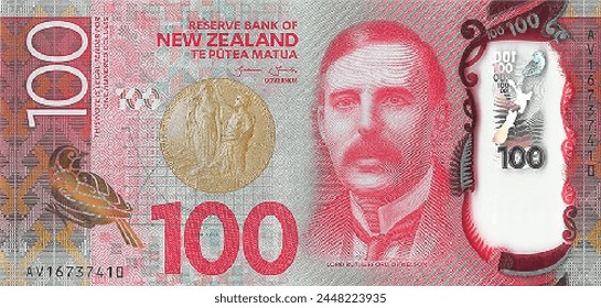 Vector obverse of high poly pixel mosaic 100 dollars New Zealand banknote. Flyer or game money. NZD