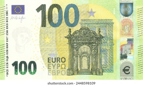 Vector obverse of high poly pixel mosaic 100 euro European Union banknote. Front side. Flyer or game money.