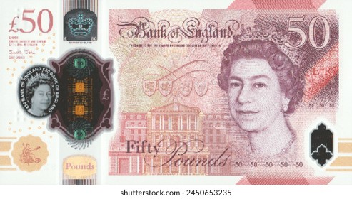 Vector obverse high poly pixel mosaic polymer banknote of Great Britain or England. Denominations of bill 50 pounds 2020. Game money of flyer.