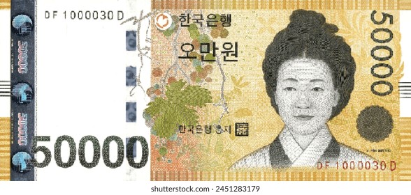 Vector obverse high poly pixel mosaic banknote of South Korea. Front side. Denominations of bill 50000 korean won. Game money of flyer.