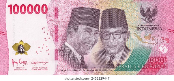 Vector obverse high poly pixel mosaic banknote of Indonesia. Front side. Denominations of bill 100000 rupiah 2022. Game money of flyer.