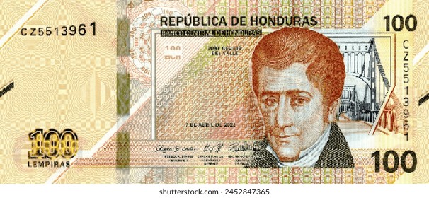 Vector obverse high poly pixel mosaic banknote of Honduras. Front side. Denominations of bill 100 lempiras 2022. Game money of flyer.