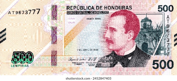 Anverso de Vector de mosaico de alta resolución de polipixel de Honduras. Parte delantera. Denominaciones del billete 500 lempiras 2022. Dinero del juego del volante.