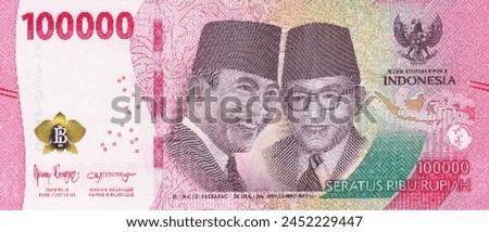 Vector obverse high poly pixel mosaic banknote of Indonesia. Front side. Denominations of bill 100000 rupiah 2022. Game money of flyer.