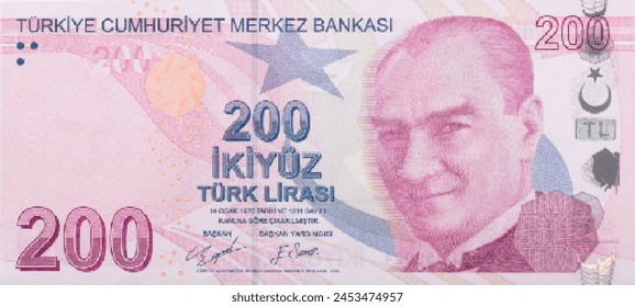 Vector obverse high polygonal pixel mosaic banknote of Turkey. Front side. Denominations of bill 200 lira. Game money of flyer.