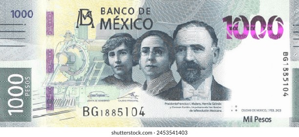 Vector obverse high polygonal pixel mosaic banknote of Mexico. Front side. Denominations of bill 1000 pesos. Game money of flyer.