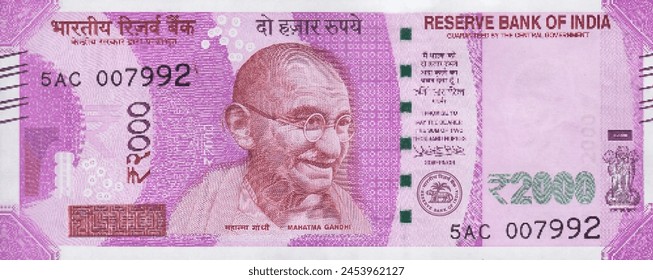 Vector obverse high polygonal pixel mosaic banknote of India. Front side. Denominations of bill 2000 rupees. Game indian money of flyer.