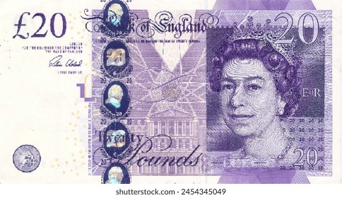 Vector obverse high polygonal pixel mosaic banknote of United Kingdom or England. Front side. Denominations of bill 20 pounds 2018. Game money of flyer.