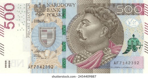 Vector obverse high polygonal pixel mosaic banknote of Poland. Front side. Denominations of bill 500 polish zloty. Game money of flyer.