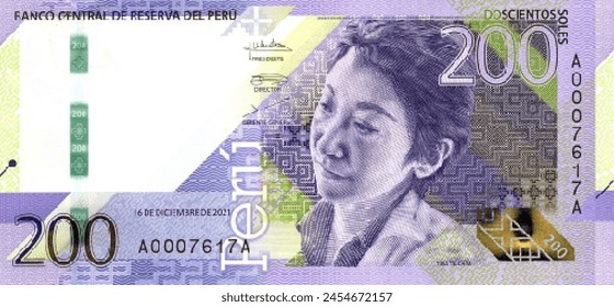 Vector obverse high polygonal pixel mosaic banknote of Peru. Front side. Denominations of bill 200 Peruvian soles. Game money of flyer.