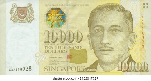 Singapurische Banknote mit einem hohen polygonalen Pixelmosaik in der Vektorgrafik. Vorderseite. Stückelungen von 10000 Dollar 1999. Spiel Geld von Flyer.