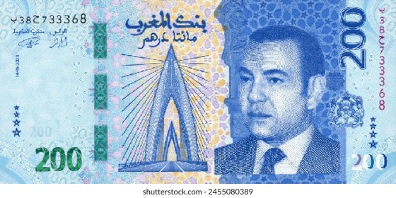 Vector obverse high polygonal pixel mosaic banknote of Morocco. Front side. Denominations of bill 200 dirhams 2024. Game money of flyer.