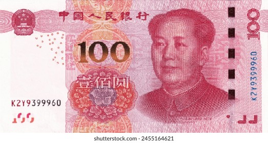 Vector obverse high polygonal pixel mosaic banknote of China. Front side. Denominations of bill 100 yuan. Game money of flyer.