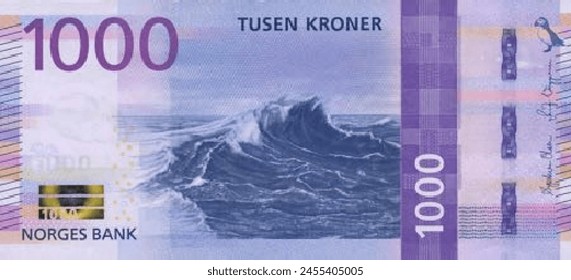 Norwegische Banknote mit einem Mosaik aus polygonalen Bildpunkten und über der Vektorgrafik. Vorderseite. Stückelungen von 1000 Kronen. Spiel Geld von Flyer.