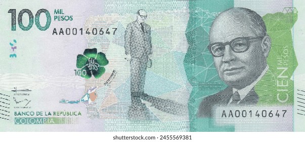 Vector obverse high polygonal pixel mosaic banknote of Colombia. Front side. Denominations of bill 100000 pesos. Game money of flyer.