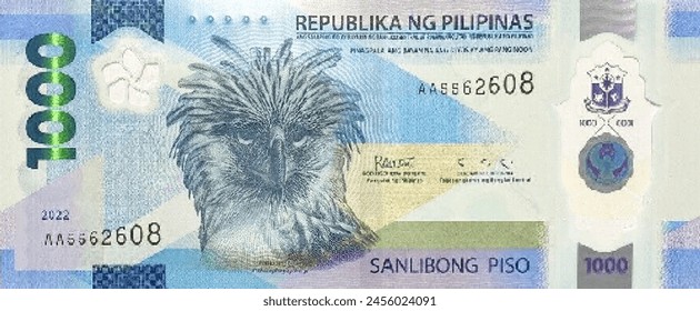 Vector obverse high polygonal pixel mosaic banknote of Philippines. Front side. Denominations of bill 1000 piso. Game money of flyer.