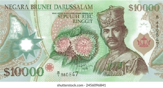 Vector obverse high polygonal pixel mosaic banknote of Brunei. Front side. Denominations of bill 10000 ringgit. Game money of flyer.