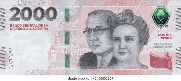 Vector obverse high polygonal pixel mosaic banknote of Argentina. Front side. Denominations of bill 2000 pesos. Game money of flyer.