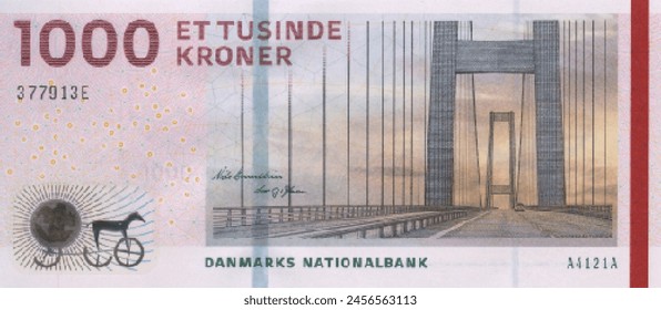 Vector obverse high polygonal pixel mosaic banknote of Denmark. Front side. Denominations of bill 1000 krones. Game money of flyer.