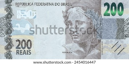 Vector obverse high polygonal pixel mosaic banknote of Brazil. Front side. Denominations of bill 200 reals. Game indian money of flyer.