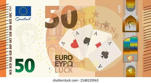 Vector obverse of the lucky banknote of the European Union, denomination of 50 euros. Four aces. Fortune paper money of Europe