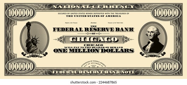 Vector obverse of one million US dollars paper banknote. Bill of denomination 1000000. Fiat money with ovals, Liberty and Washington. Chicago finance fictional certificate.