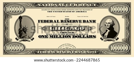 Vector obverse of one million US dollars paper banknote. Bill of denomination 1000000. Fiat money with ovals, Liberty and Washington. Chicago finance fictional certificate.