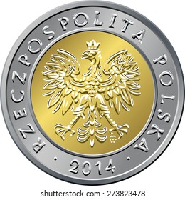 Vector Obverse Polish Money Five Zloty Gold And Silver Coin With Eagle In A Golden Crown