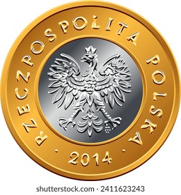 vector obverse Polish Money two zloty gold and silver coin with eagle in a golden crown