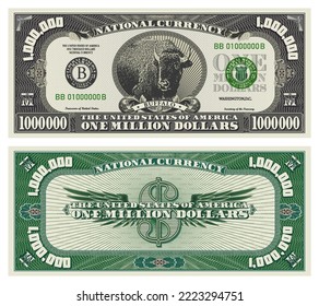 Vector obverse and reverse of a 1 000 000 dollars banknote with wings. Game US paper money with a wild buffalo. Green and gray guilloche frame. One million