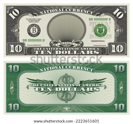 Vector obverse and reverse of a 10 dollars banknote with wings. Game US paper money with a wild buffalo. Green and gray guilloche frame