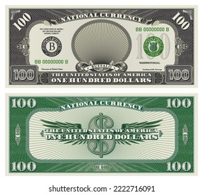 Vector obverse and reverse of a 100 dollars banknote with wings. Game US paper money with a wild two buffalo. Green and gray guilloche frame svg
