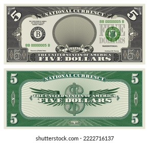 Vector obverse and reverse of a 5 dollars banknote with wings. Game US paper money with a wild buffalo. Green and gray guilloche frame