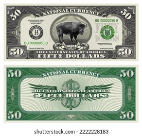 Vector obverse and reverse of a 50 dollars banknote with wings. Game US paper money with a wild buffalo. Green and gray guilloche frame