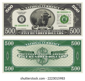 Vector obverse and reverse of a 500 dollars banknote with wings. Game US paper money with a wild buffalo. Green and gray guilloche frame