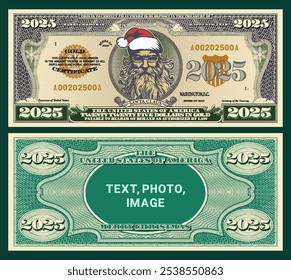 Vector obverse, reverse of banknote of denomination 2025 US dollars. Portrait of stern Santa Claus with big beard. Merry Christmas and Happy New Year. Holiday gold certificate. Text, photo, image