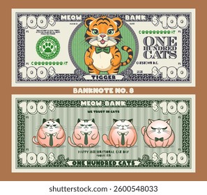 Vector obverse and reverse feline banknote, nominal of 100 cats. Cartoon plump cute funny cuddly tiger cub in bow tie and sitting serious important fat toon pusses in ties. International Cat Day. No.8