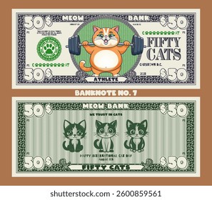 Vector obverse and reverse of feline banknote, denomination of 50 cats. Cartoon chubby cute funny puss athlete with a barbell and sitting graphic monochrome kittens. International Cat Day. No. 7