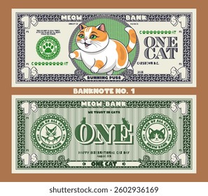 Vector obverse and reverse of feline banknote, denomination of one cat. Cartoon chubby running jumping puss. Graphic seals meow bank. International Cat Day. No. 1