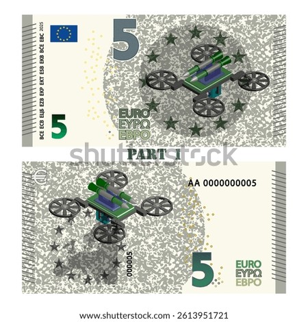 Vector obverse and reverse of fictitious military banknote of European Union. Gray 5 euro note. Protective spotted background. 3d quadrocopter rocket drone. Five. Europe money. Part 1