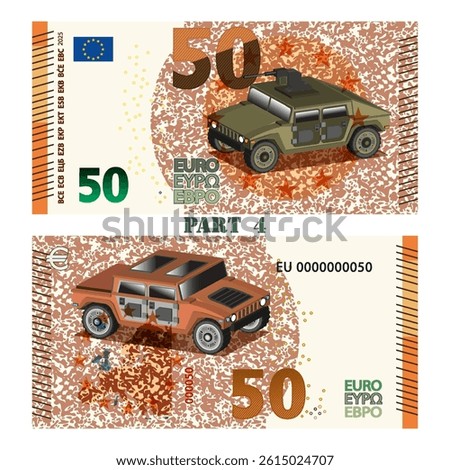 Vector obverse and reverse of fictitious military banknote of European Union. 50 euro note. Protective spotted background. 3d off-road all-wheel drive vehicle. Europe money. Part 4