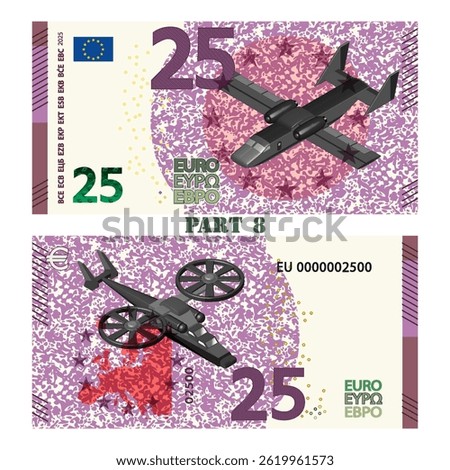 Vector obverse and reverse of fictitious military banknote of European Union. Banknote of 25 euros. Security spotted background. 3D transport plane, futuristic helicopter. Money of Europe. Part 8