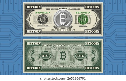 Vetor anverso e reverso de nota verde no estilo vintage dos EUA. Um bitcoin. Pixels e chip de computador. Moeda de prata. Criptomoeda e cadeia de blocos. Estados Unidos