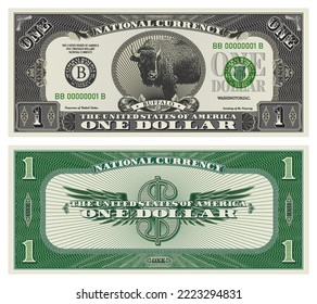 Vector obverse and reverse of a one dollar banknote with wings. Game US paper money with a wild buffalo. Green and gray guilloche frame