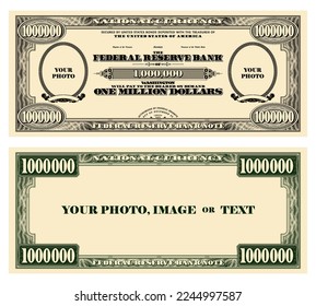 Vector obverse and reverse of a sample vintage banknote with empty ovals, denomination of one million US dollars. Template with inscription, your photo, image or text.