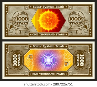 Vector obverse and reverse of space banknote. Denomination of 1000 stars. Light sun and glow abstract pattern. Astronaut and spacesuit, grid. Play money. Solar system bank. Thousand. Cosmic note