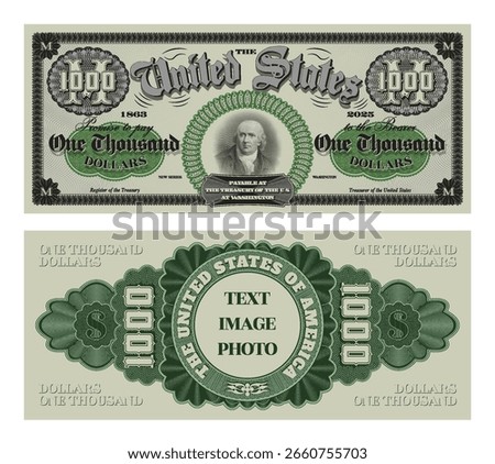 Vector obverse and reverse of vintage banknote, denomination of 1000 dollars, United States of America. Retro guilloche patterns. One thousand. American paper money. Inscription, text, image, photo