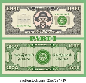 Vector obverse and reverse of vintage denomination 1000 dollars banknote. Graphic portrait of cute kind granny in glasses and female hat. Bank seal with rose. Retro play money. Thousand. Part 1