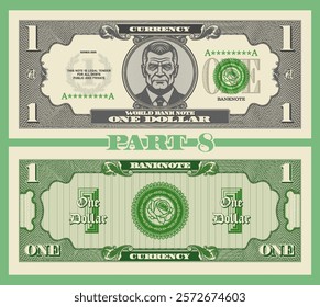 Vector obverse and reverse of vintage denomination 1 dollar banknote. Graphic portrait of serious respectable important man. Bank seal with rose. Retro play money. One. Part 8